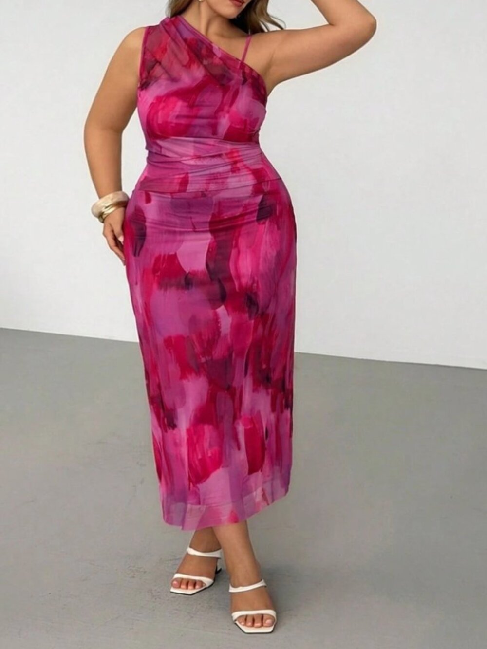 Pink Watercolor Print Asymmetrical Ruched Maxi Dress